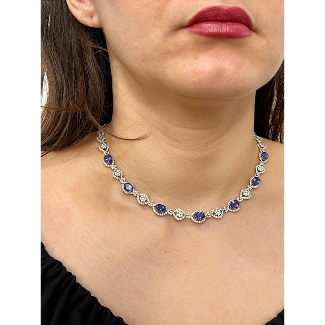 11 Carat Oval Tanzanite and 12 Carat Diamonds Necklace 18 Karat Gold Estate For Sale - Image 13 of 18
