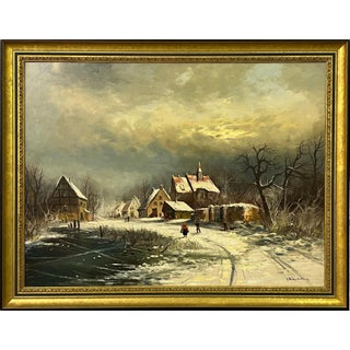 European Village in Winter Snow with Figures & Frozen Pond by German Artist 1972 For Sale