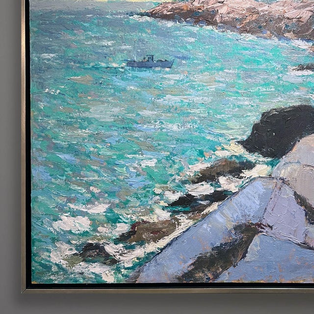 Impressionist oil on linen landscape painting by James R. Pascucci (1928-2015) 31 x 25 inches as float framed in champagne...