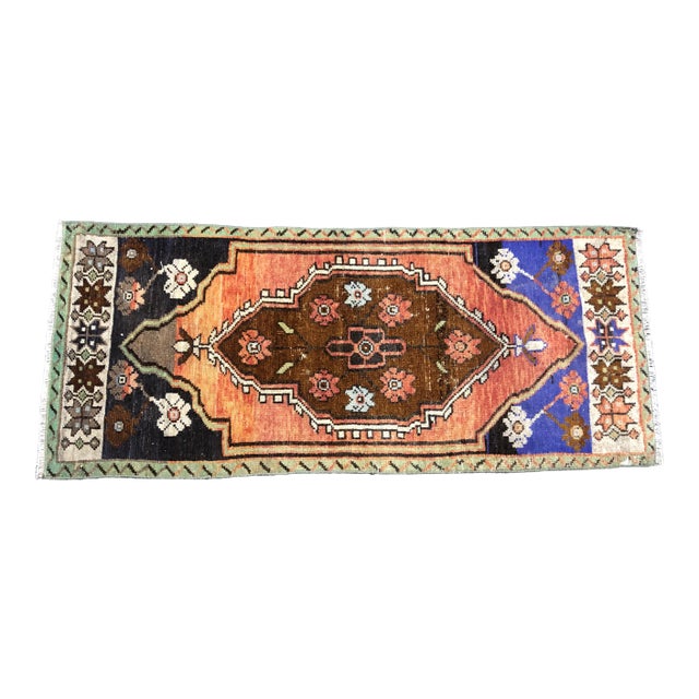 Vintage Floral Turkish Handmade Orange and Brown Small Rug For Sale