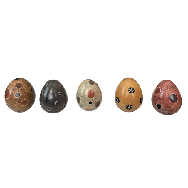 African Collection of Vintage African Hand-Carved and Decorated Soapstone Eggs Äì Set of 5 For Sale - Image 3 of 9