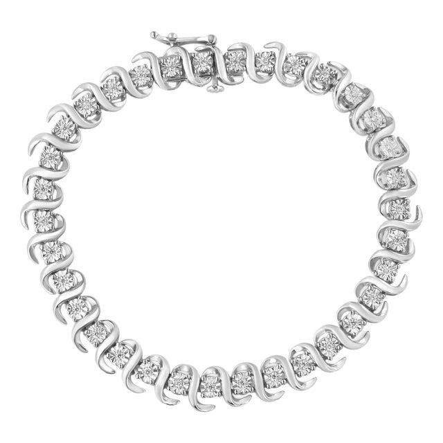 .925 Sterling Silver 1/3 Cttw Miracle-Set Diamond "S" Link Tennis Bracelet - Size 7.25" For Sale