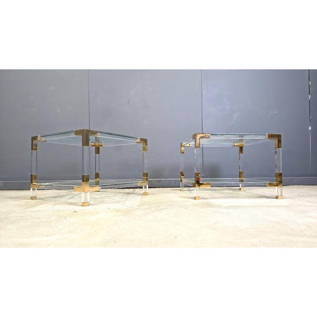 Gold Vintage Acrylic Glass and Brass Side Tables, 1980s, Set of 2 For Sale - Image 8 of 11