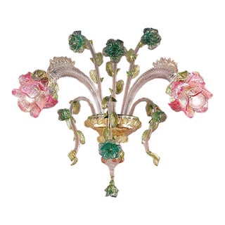 Classical Luxury Venetian Pink and Green Floreal Murano Glass Wall Sconce For Sale