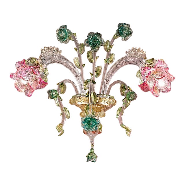 Classical Luxury Venetian Pink and Green Floreal Murano Glass Wall Sconce For Sale
