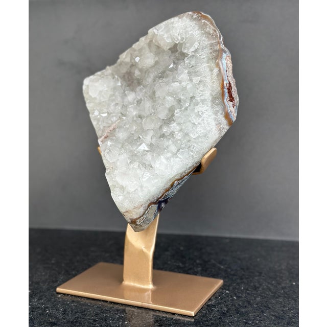Gemstone Sculptural White Quartz on Stand, Geode With Metallic Base Included For Sale - Image 7 of 9