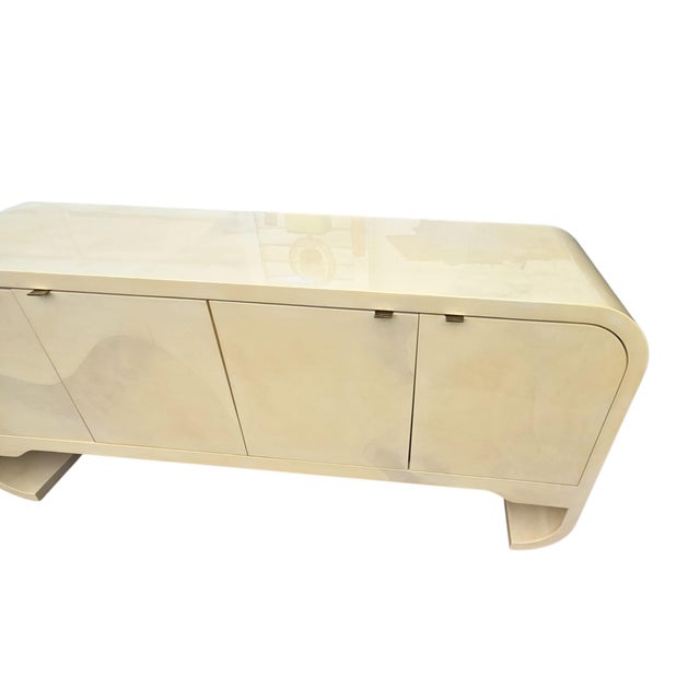1970s Vintage 1970s Faux Goatskin Console Buffet Karl Springer Style Postmodern Credenza For Sale - Image 5 of 17