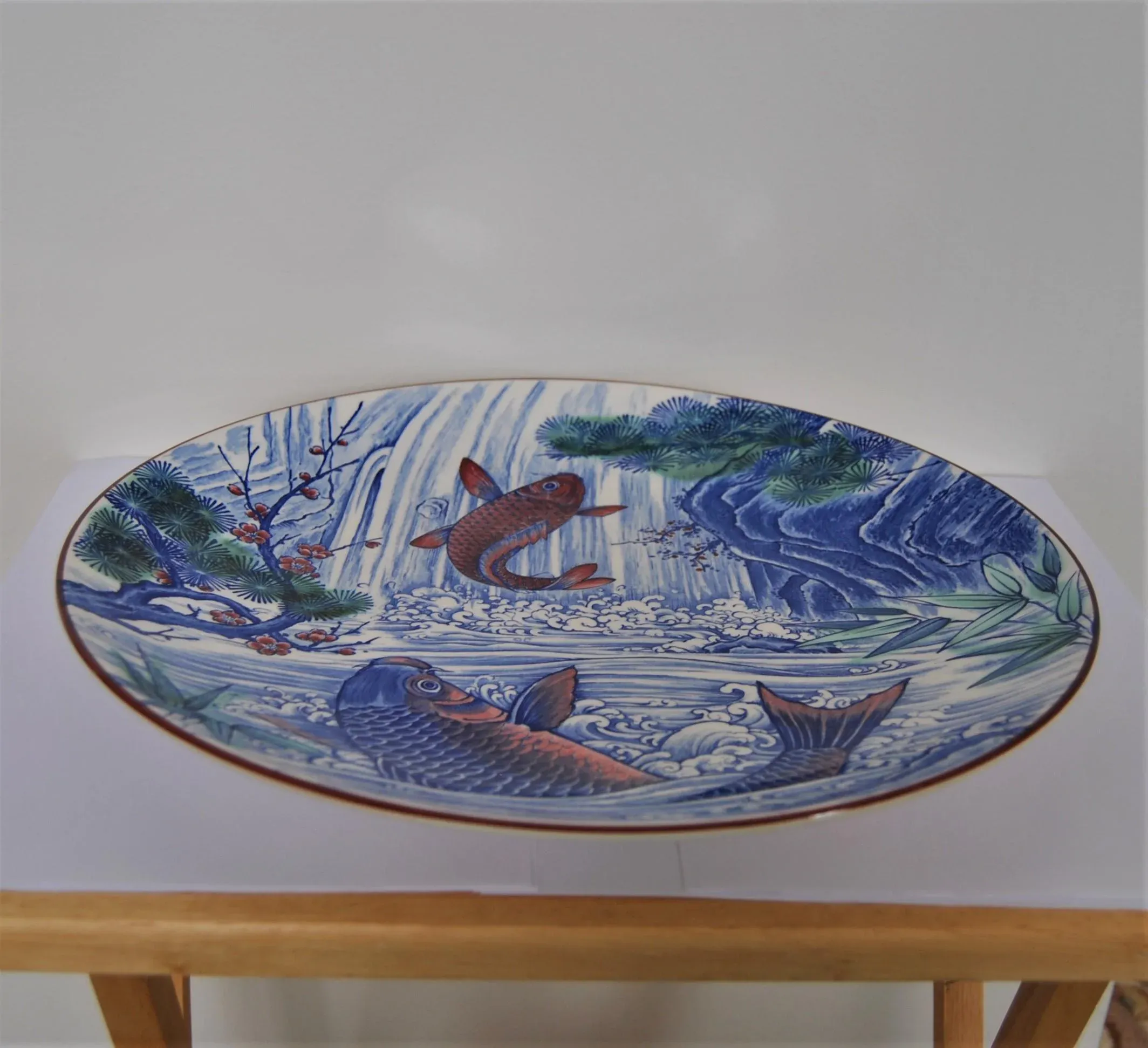 Japanese Platter Mino-Yaki Koi Fish Hand-Painted Decorative Large