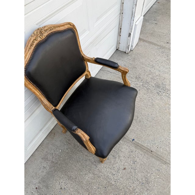 Vintage Louis XV French Carved Wood Fauteuil Armchair With Black Upholstery For Sale - Image 9 of 12