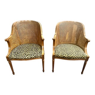 1950s Vintage Pair of Leopard Print Upholstered Caned Barrel Back Chairs For Sale