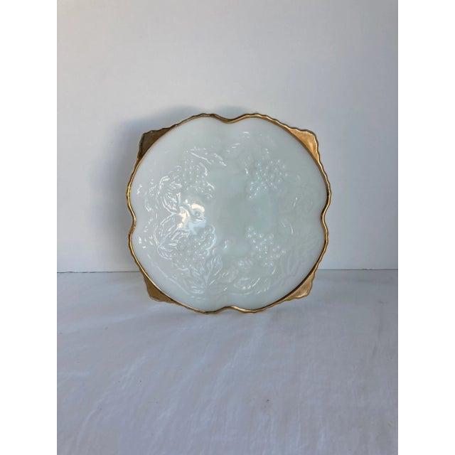 Vintage Anchor Hocking White Milk Glass Grapevine Fruit Bowl Dish with Gold Trim For Sale - Image 10 of 10
