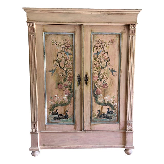 Vintage Painted Pine Wardrobe with Chinoiserie, 1920s For Sale