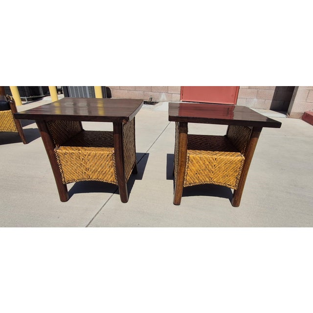 Rustic Mid-Century Modernist Rattan and Wood Side Tables For Sale - Image 3 of 8