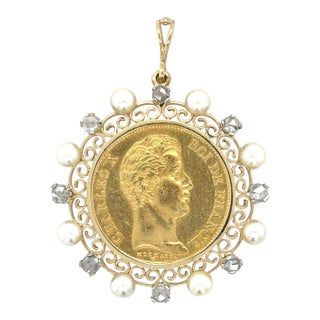 Vintage, Charles X French 40 Francs Coin, Diamond and Cultured Pearl Pendant For Sale