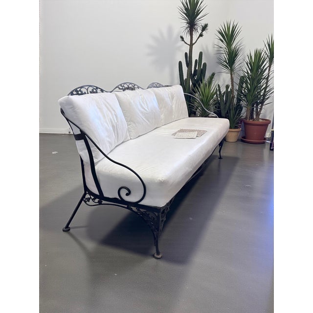 Metal Vintage Hollywood Regency Style Woodard Wrought Iron Sofa, Orleans Collection With New Cushions For Sale - Image 7 of 7