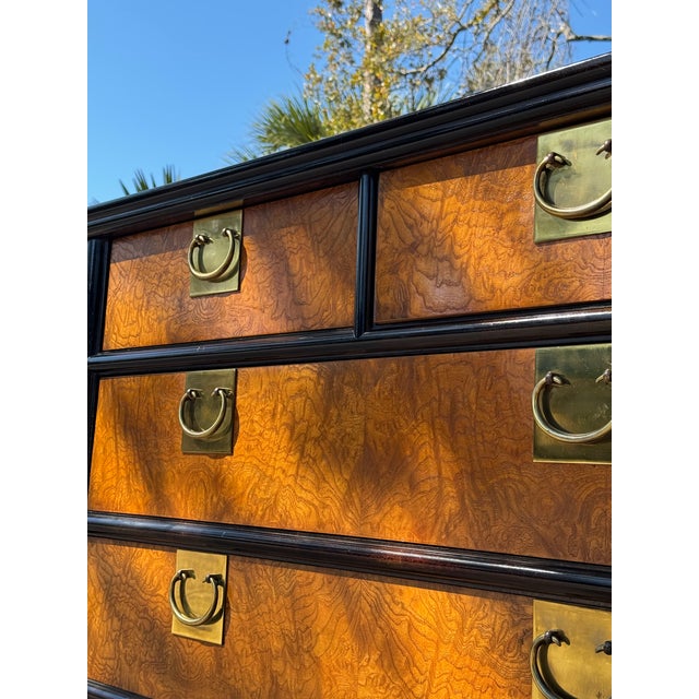 1970s Raymond K. Sobota for Century Furniture Chin Hua Burlwood & Brass Campaign Chest / Dresser For Sale In Tampa - Image 6 of 13