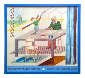 David Hockney Vintage 1977 Lithograph Print Framed Pop Art Exhibition Poster " Self Portrait With Blue Guitar "