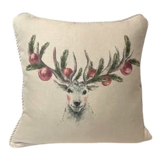 Reindeer With Ornaments Beige Linen Pillow For Sale