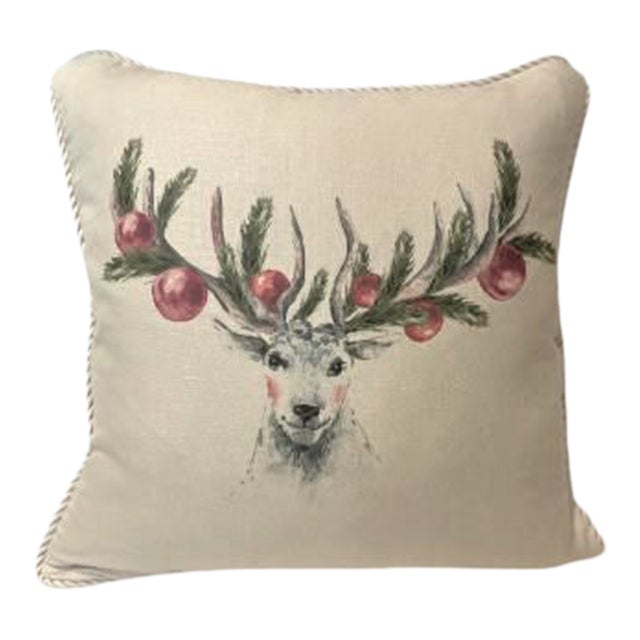 Reindeer With Ornaments Beige Linen Pillow For Sale