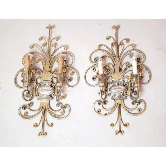 Wrought Iron and Silver Wall Lamp from Maison Baguès, 1950, Set of 2 For Sale - Image 3 of 10