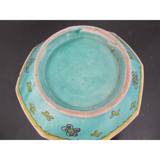 Chinese Tongzhi Turquoise Enamel Hand Painted Flower Octagonal Pottery Bowl For Sale - Image 11 of 11