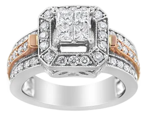 14K White and Rose Gold 1 1/8 Cttw Princess and Round-Cut Diamond Art Deco Style Triple Shank Halo Cocktail Ring (I-J Color, SI2-I1 Clarity) - Size 7