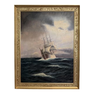 Danish Artist B. Johansen Vintage Dramatic Marine Seascape Oil Painting Framed For Sale