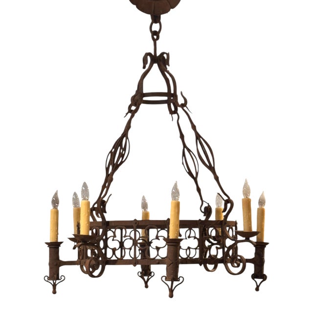 Large Iron Chandelier With Gothic-Inspired Scrollwork For Sale