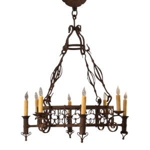 Large Iron Chandelier With Gothic-Inspired Scrollwork