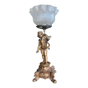 1900 Cherub With Wings Table Lamp in Original Gold Paint Patina