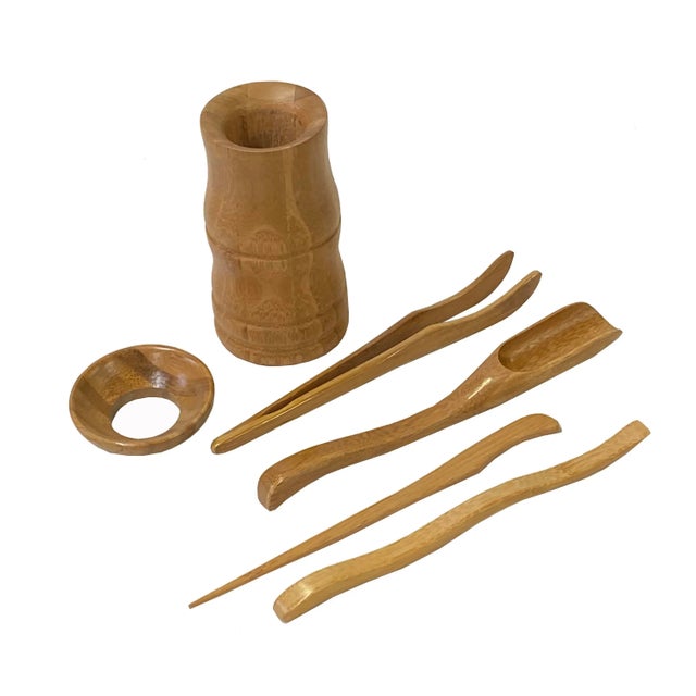 Chinese Chinese Light Brown Wood Tea Leaf Picking Scooper Tools Set For Sale - Image 3 of 5
