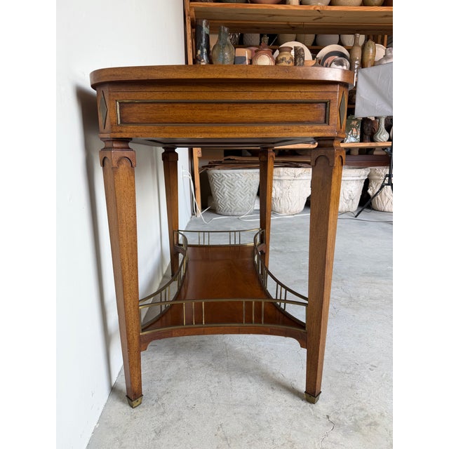 Brown Vintage French Louis XVI Style Mahogany Console Table With White Marble Top, Pull-Out Drawer & Brass Gallery Shelf For Sale - Image 8 of 12
