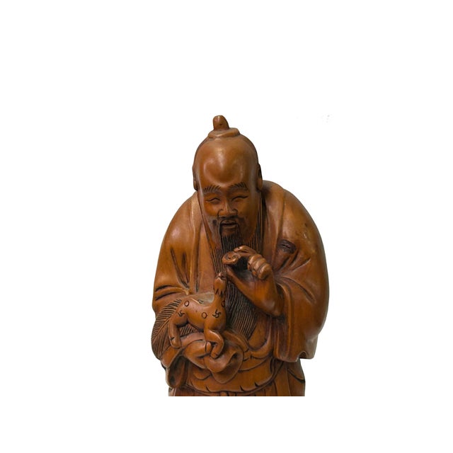 Wood Chinese Boxwood Longevity Goddess Holding Baby Deer Statue For Sale - Image 7 of 7