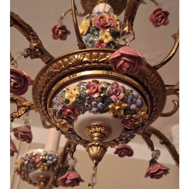 Vintage Boho Six-Arm Chandelier in Ceramic and Gilt Brass For Sale - Image 9 of 10