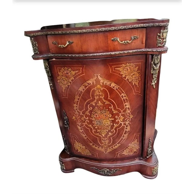 Brown French Continental Mahogany Marquetry and Metal Decorated Side Console Cabinet For Sale - Image 8 of 13