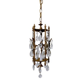 1950s Italian Lantern With Decorative Brass With Crystal Pendants For Sale
