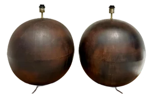 Pair of Impressive Robert Kuo Inspired Rustic Patinated Copper Sphere Lamps