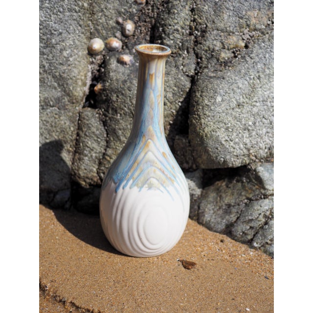 Ceramic Mid-Century French Rhoda Cloudware Blue, Grey and White Vase With Stripped Shape For Sale - Image 7 of 13