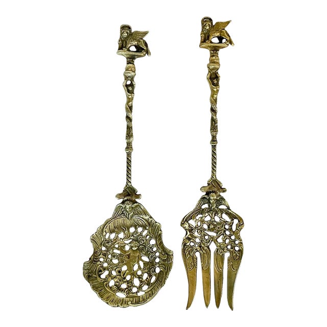 1940s Vintage Italian Baroque Rocco Brass Serving Utensils, Fork and Spoon - Set of 2 For Sale