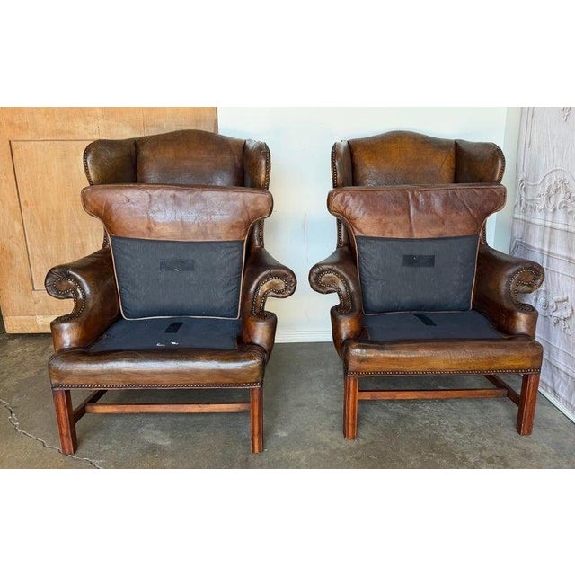 Pair of English Georgian Style Wingback Armchairs - Distressed Brown Leather For Sale - Image 17 of 17