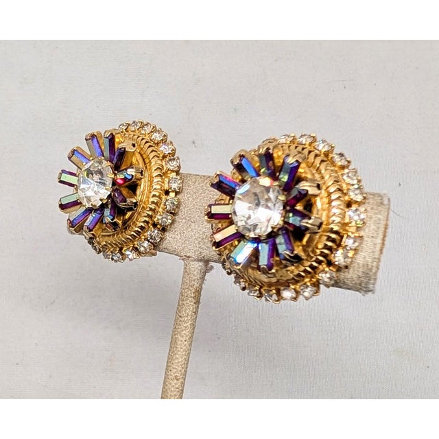 Vintage 1960s Signed Hobe Round Goldtone Red Aurora Borealis & Clear Rhinestone Clip Earrings-2 Pieces For Sale - Image 4 of 8