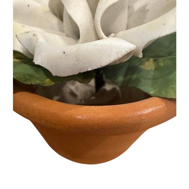 Metal Vintage Petite Potted French Porcelain Bisque & Tole White Rose Flower / Floral Arrangement in Terracotta Pot For Sale - Image 7 of 7