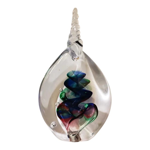 1970s Handmade Art Glass Paperweight With Teardrop Shape & Spiral Top, Signed Aj (Adam Jablonski) For Sale