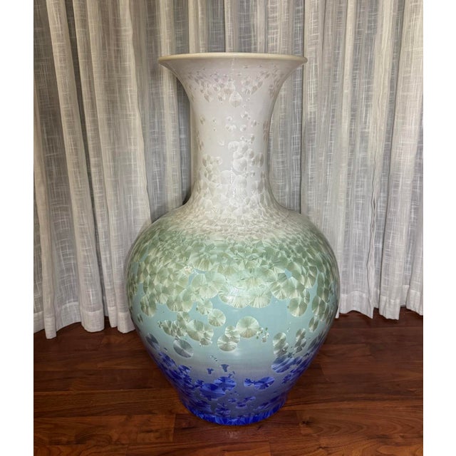 35” Extra Large Shiwan Proc Style Blue Green Crystalline Glaze Pottery Floor Vase Signed For Sale - Image 12 of 12