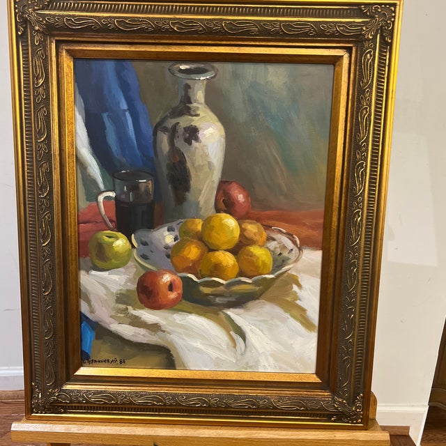 Impressionist 20th Century European School Impressionist Oil on Artist Board Tabletop Still Life Vase and Fruits Framed Signed For Sale - Image 3 of 9