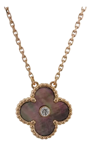 Rare Van Cleef & Arpels 18k Rose Gold Diamond Grey Mop Vintage Alhambra Pendant
