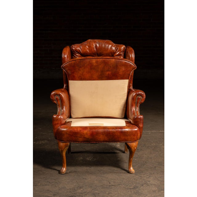 Amber Mid 20th Century Tufted Leather Wingback Armchair in Burnt Amber For Sale - Image 8 of 17