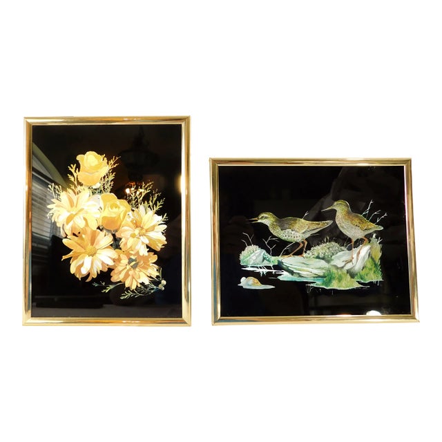 Pair Vintage 1980s Black & Gold Foil Glass Floral & Bird Framed Wall Pictures For Sale