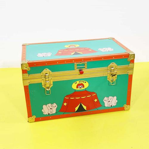 Green Metal Chest with Circus Decoration and Orange Edges For Sale - Image 8 of 8