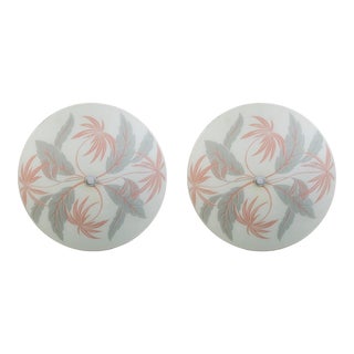 Midcentury Palm Beach Glass Flush Mount Light W/ Gray & Coral Flora Motif (2 Available) For Sale